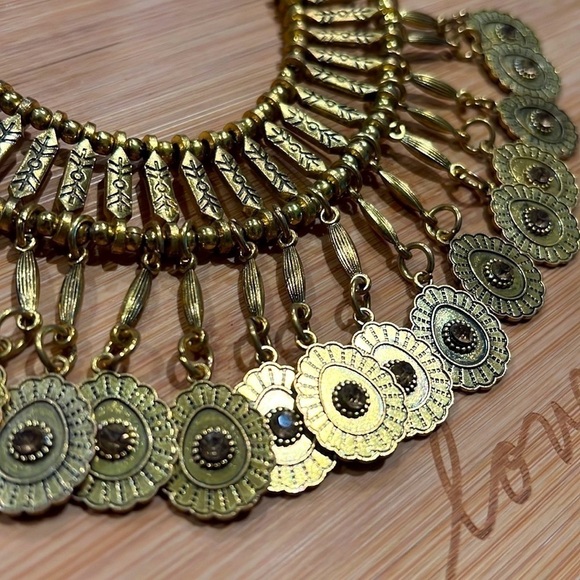 Boho Gypsy coins necklace in gold tone metal and rhine stones - Picture 4 of 11